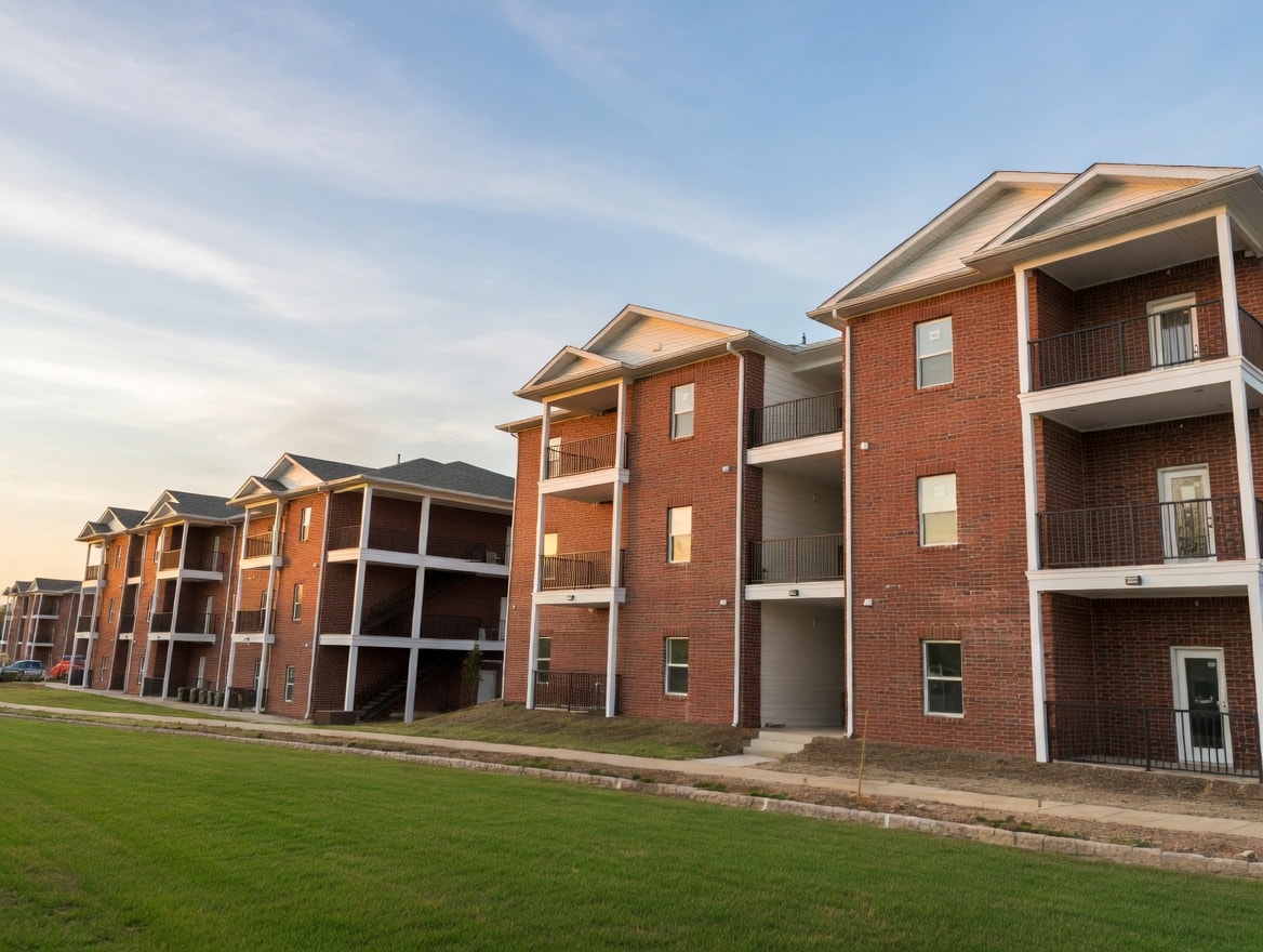Apartment buildings with green lawns in front.